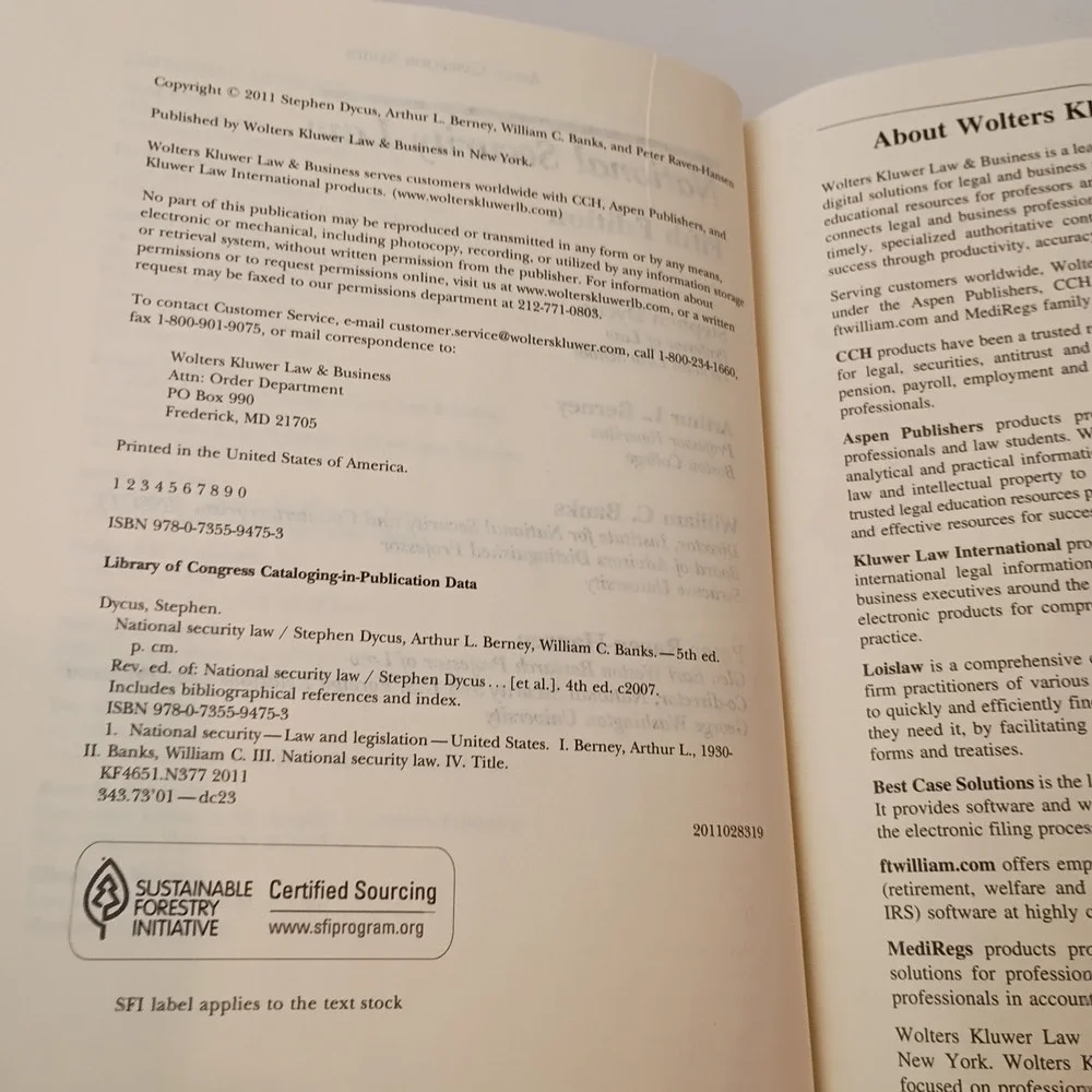 National Security Law Fifth Edition by Dycus, Berney,... Aspen Casebook Series